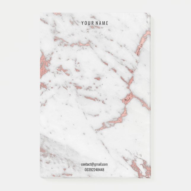 Bloco Post-it Rosa Branca Rosa Dourada Marble Stone Lux Nome End (Frente)