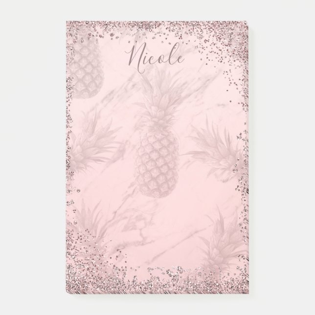 Bloco Post-it Rosa Dourado Brilhante Abacaxi Chic Tropical (Frente)