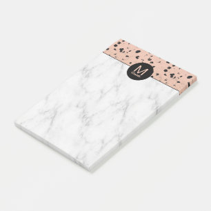 Bloco Post-it Rosa moderno Dourado e Padrão Marble com Monograma
