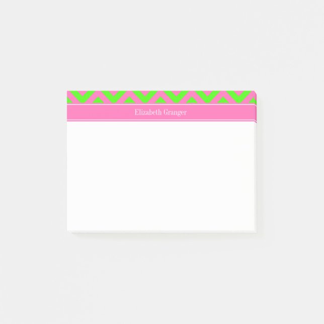 Bloco Post-it Rosa Quente #2 Verde Lima Chevron Nome Monograma L (Frente)