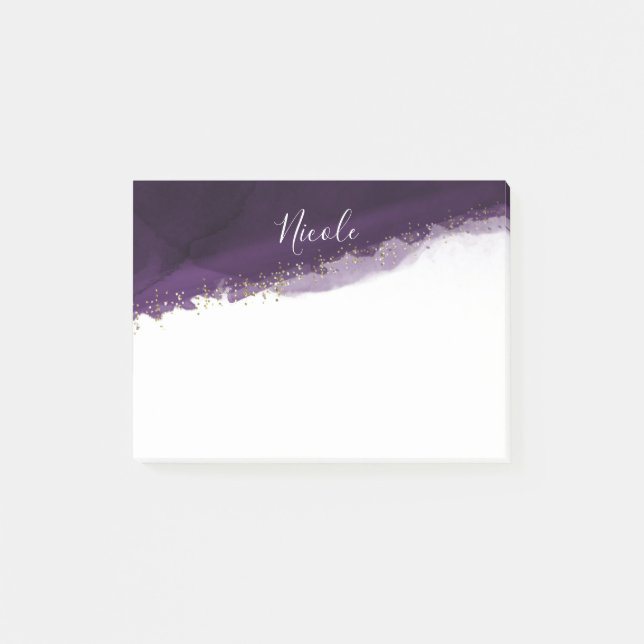 Bloco Post-it Roxo Ameixa  Aquarela Dourado Moderno Chique Elega (Frente)
