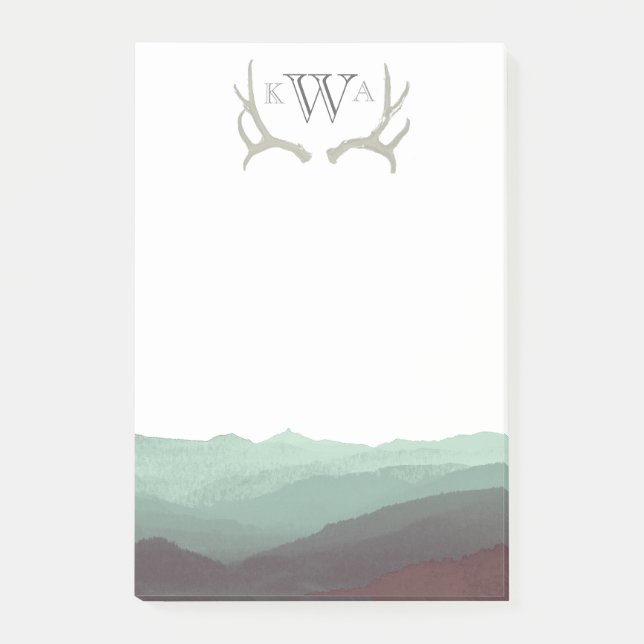 Bloco Post-it Rustic Mountain Watercolor & Antler | Monograma | (Frente)