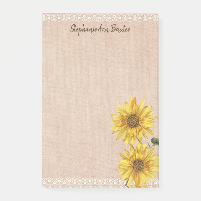 Bloco Post-it Rústico Lace & Burlap Sunflower Notes (Frente)
