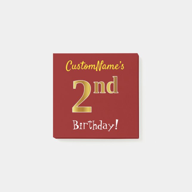 Bloco Post-it Segundo aniversário Vermelho, Falso Dourado, Com N (Frente)
