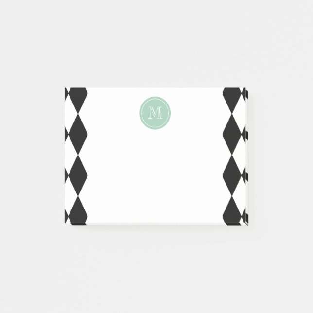 Bloco Post-it Teste padrão branco preto do Harlequin, monograma (Frente)