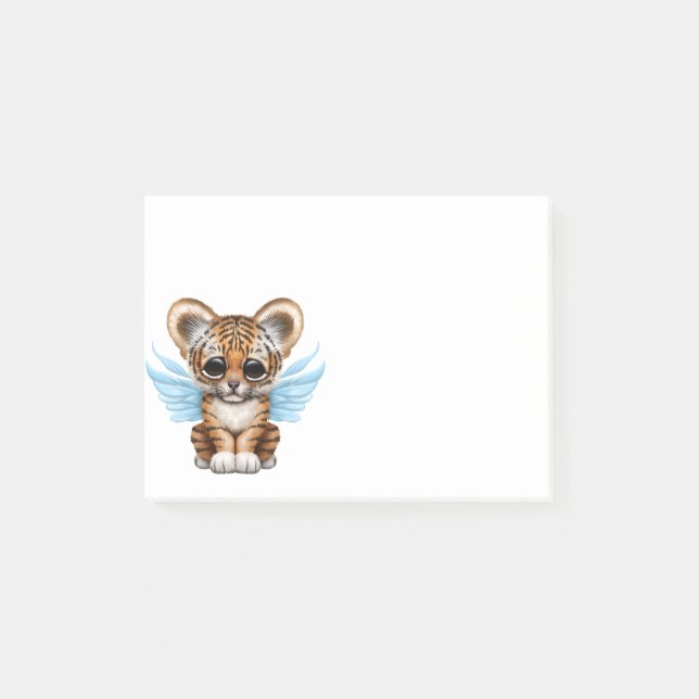 Bloco Post-it Tigre Cub bonito com as asas feericamente no azul (Frente)