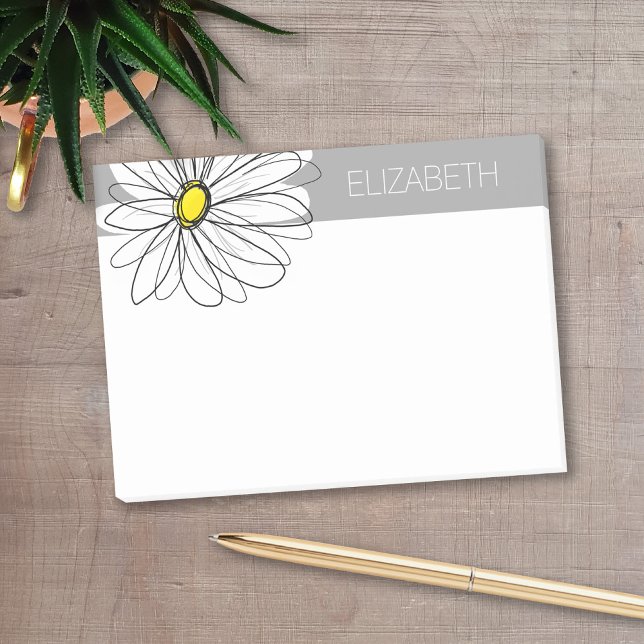 Bloco Post-it Trendy Daisy com cinza e amarelo (Personalized post-it notes with a monogram and whimsical daisy drawing - low quantity available)