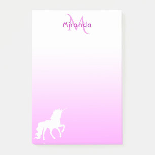Bloco Post-it Unicorn Nome do monograma branco rosa