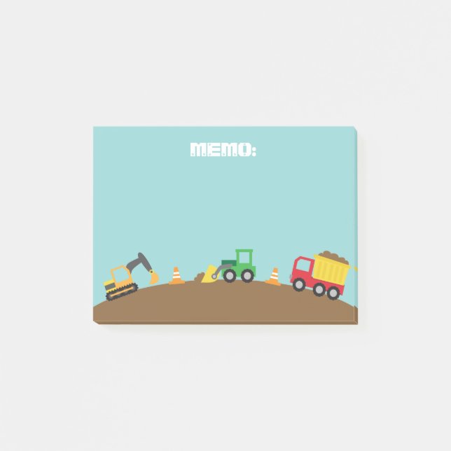 Bloco Post-it Veículos de Construção Fofos Para Meninos (Frente)