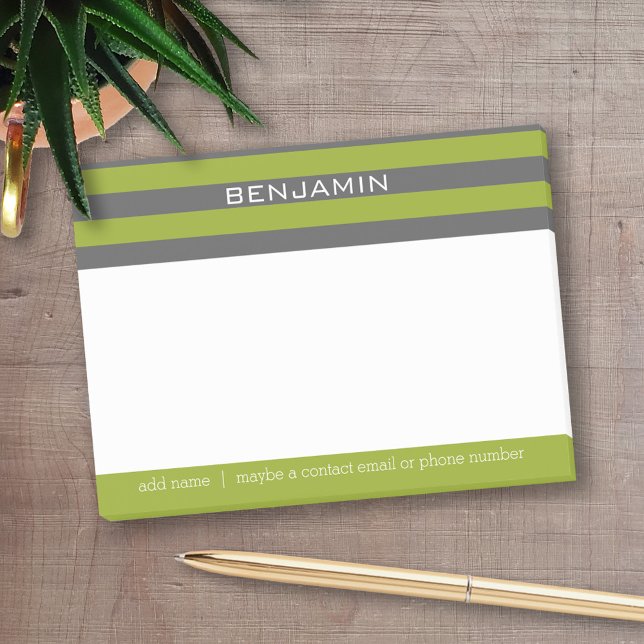 Bloco Post-it Verdes limões e Cinzas de Rugby Stripes com Nome P (Personalized Post-It Notes - add name or other text)