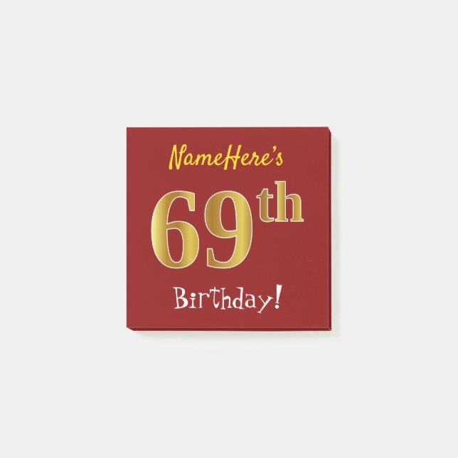 Bloco Post-it Vermelho, Falso Dourado Aniversário de 69 anos, Co (Frente)