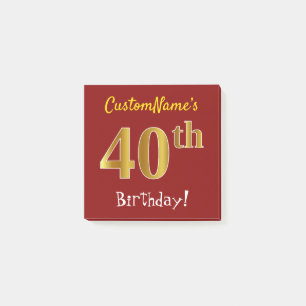 Bloco Post-it Vermelho, Faux Dourada aniversário de 40 anos, Com