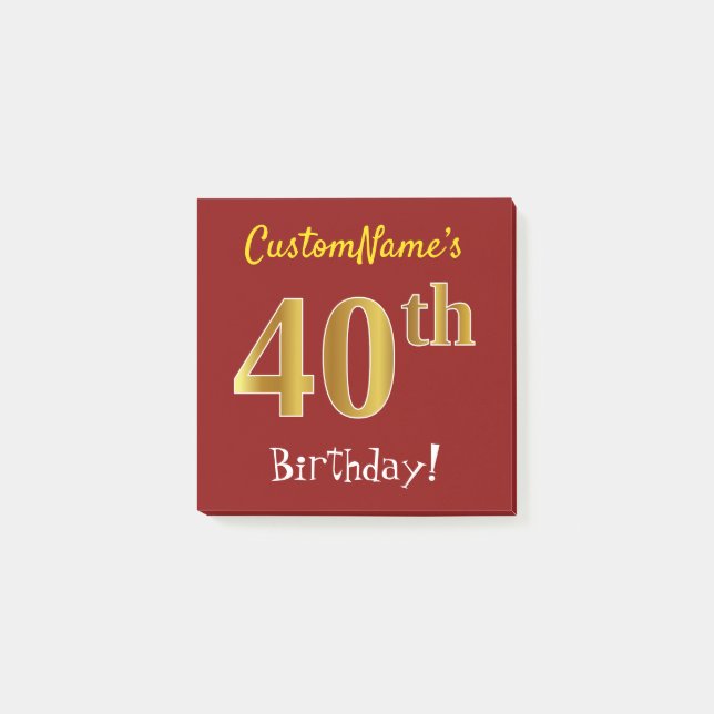 Bloco Post-it Vermelho, Faux Dourada aniversário de 40 anos, Com (Frente)