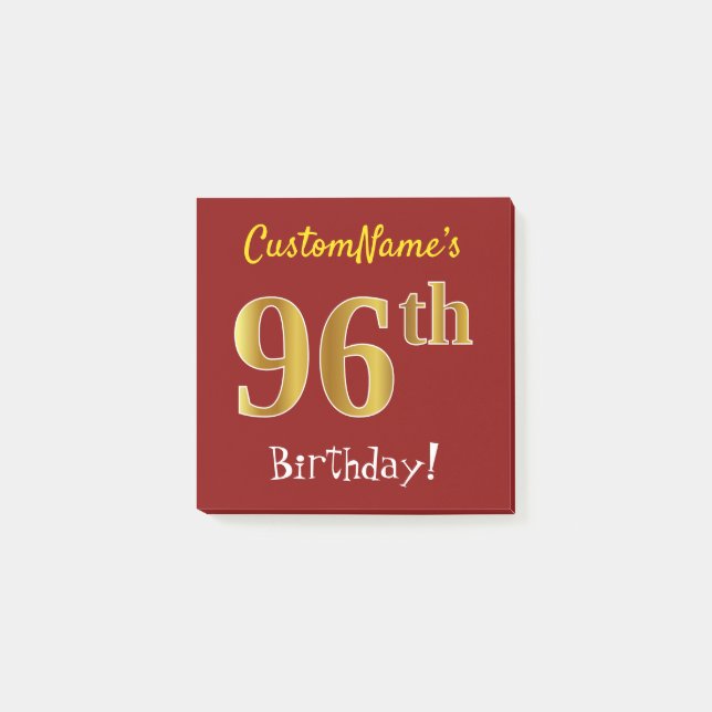 Bloco Post-it Vermelho, Faux Dourado 96º aniversário, com nome p (Frente)