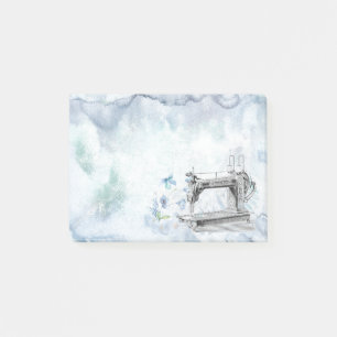 Bloco Post-it Vintage Blue Watercolor Sewing Machine com Flor