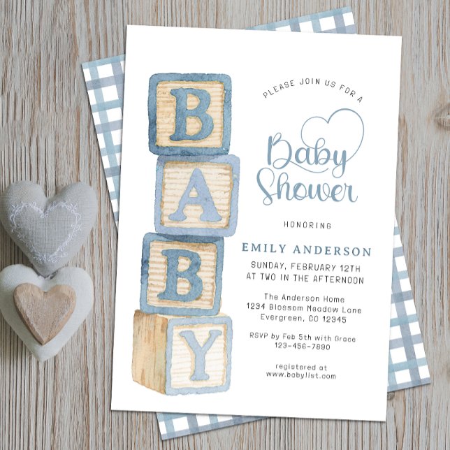 Blocos de Bebê Azul Empoeirado Convite de Chá de B (Baby Shower Invite)
