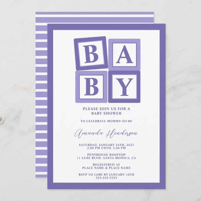 Blocos de Bebê Roxos Convite para Chá de fraldas d (Frente/Verso)
