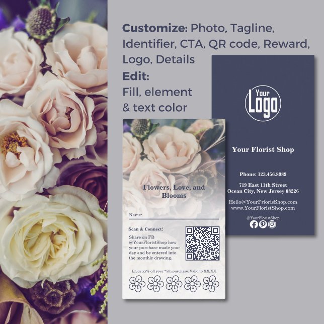 Blooms e recompensas Cartão de Lealdade Florista P (Blooms & Rewards Customizable Florist Loyalty Card, QR code, Custom Logo, Color customizable
)
