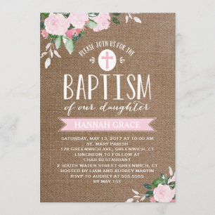 Blooms Florais, Burlap, Rosa  Convite Baptism