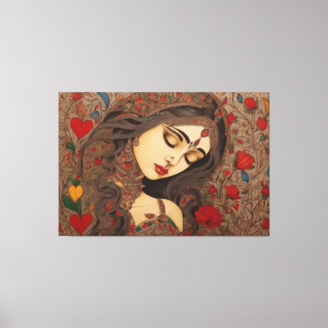 Blossomas do Amor: Madhubani Canvas Imprime (Frente)