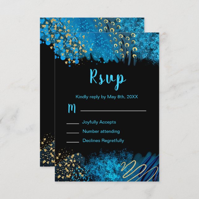 Blue Alcohol Ink Sweet 16 Birthday Party RSVP (Frente/Verso)