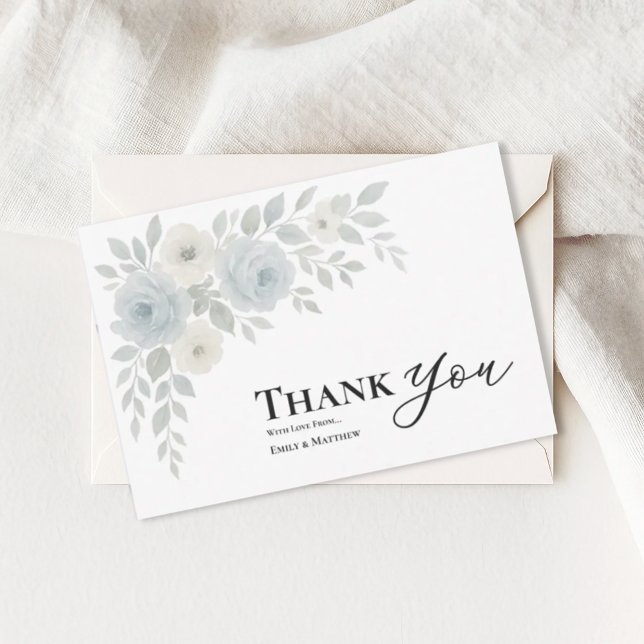 Blue And Ivory Floral Wedding Thank You Card (Criador carregado)