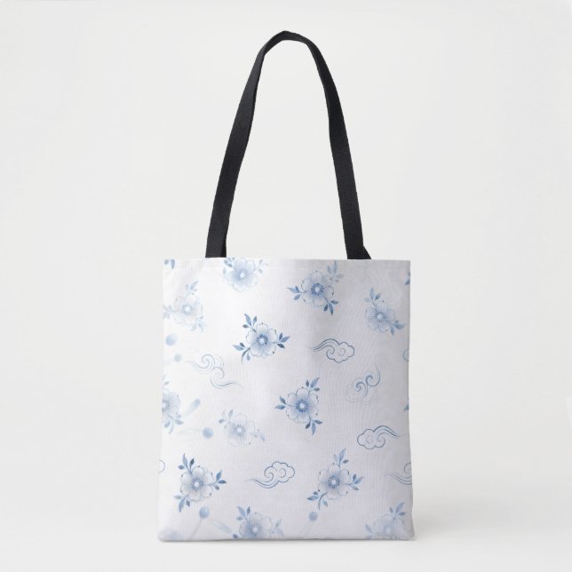 Blue and White Porcelain Floral Pattern Tote Bag (Frente)