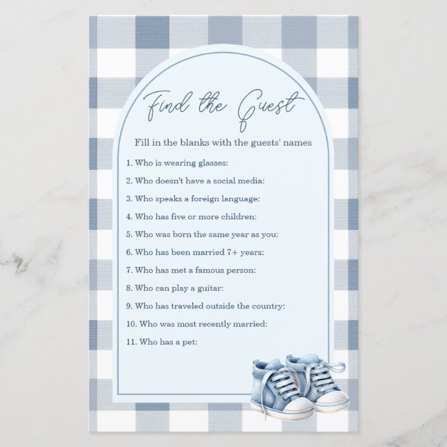 Blue Baby Shoes Gingham Find The Guest Game (Frente)