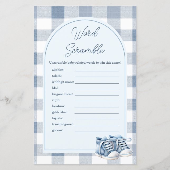 Blue Baby Shoes Gingham Word Scramble Game (Frente)