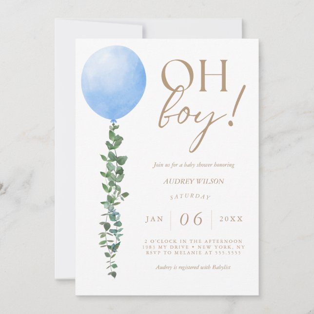 Blue Balloon Baby Boy Chá Convite Oh Boy (Frente)