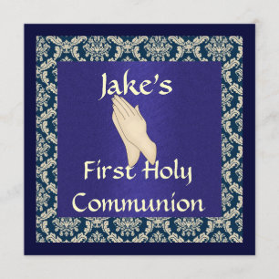 Blue & Beige DAMASK Primeiro Convite de Comunhão S