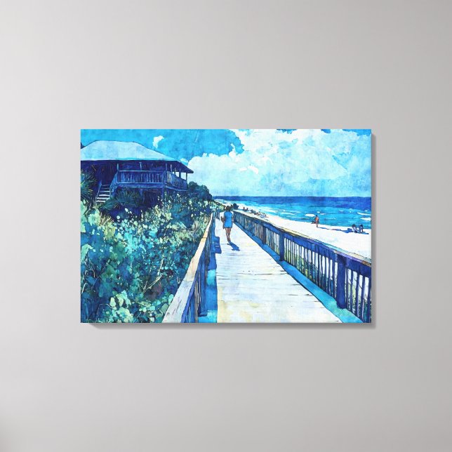 Blue Boardwalk Stroll Beach Watercolor Canvas (Frente)