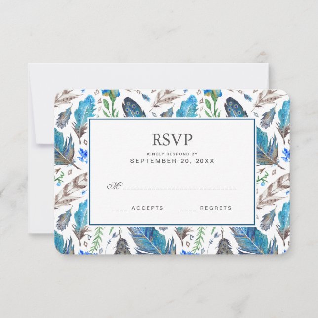 Blue Boho Aztec Watercolor - RSVP de Casamento (Frente)