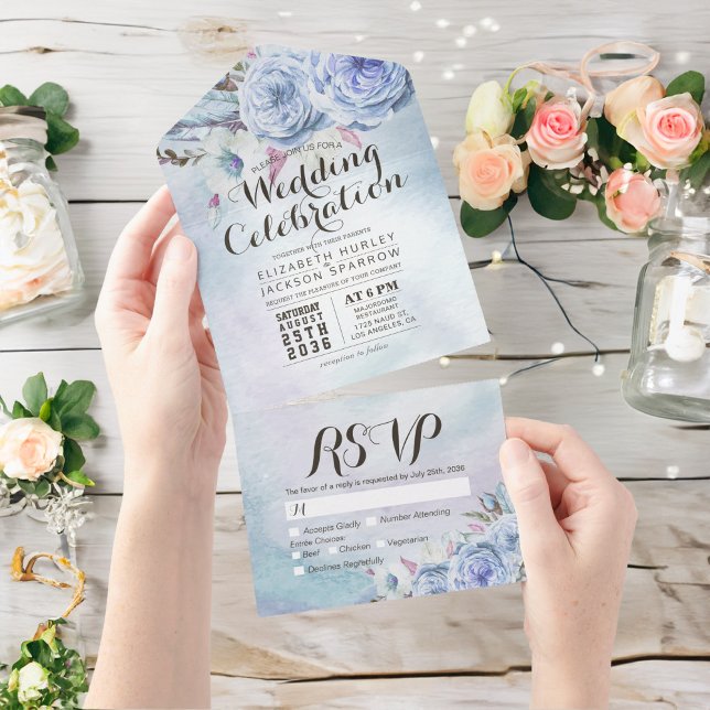 Blue Boho Flowers Feather Rustic Wood Casamento RS (Criador carregado)