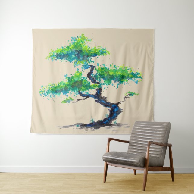 Blue Bonsai Watercolor Wall Tapeçaria (In Situ (Horizontal))