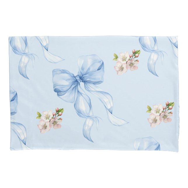 Blue bow and cherry blossom pillow case (Frente)