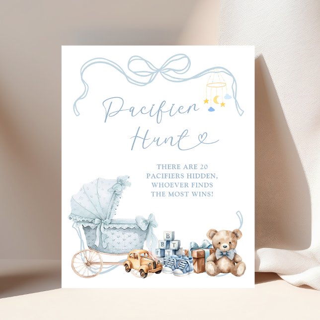 Blue Bow Carriage Baby Shower Pacifier Hunt Poster (Criador carregado)