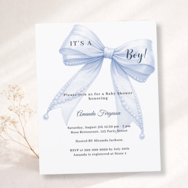 Blue bow elegant pearls boy Baby Shower invitation (Criador carregado)