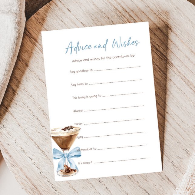 Blue Bow Espresso Martini Conselho e Desejos Jogo (Espresso Baby Shower Game)