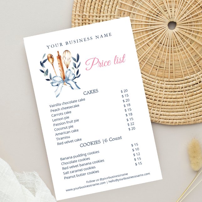 Blue Bow Utensils Cooking Bakery Price List Flyer (Blue Coquette Bow Utensils cooking Bakery Price List Flyer)