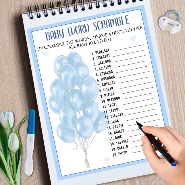 Blue Boy Balloon Word Scramble Chá de fraldas Game (Blue Boy Balloon Word Scramble Baby Shower Game)