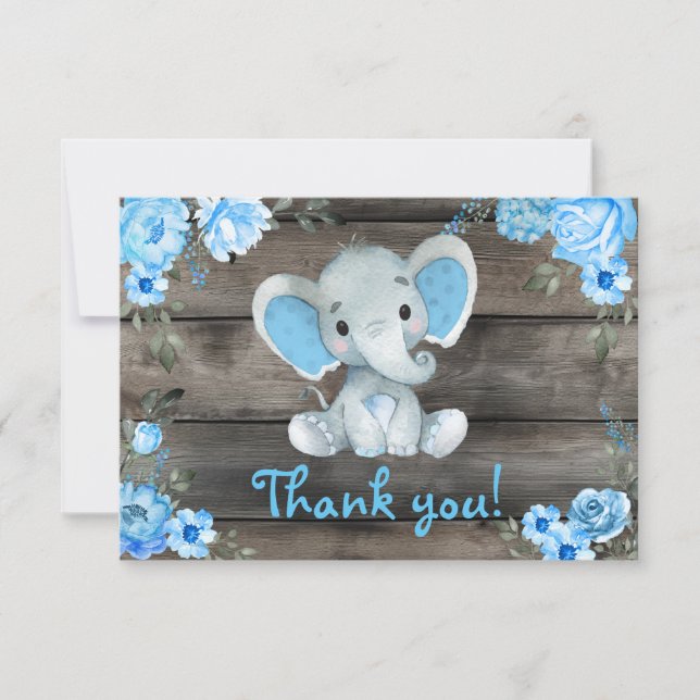 Blue Boy Elephant Rustic Floral Cartões de agradec (Frente)
