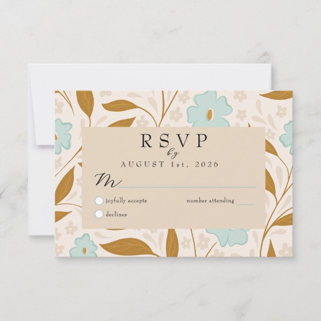 Blue Brown Boho Floral Wedding RSVP Response Card (Frente)