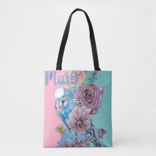 Blue Budgie Rosa Flor Tote Bag