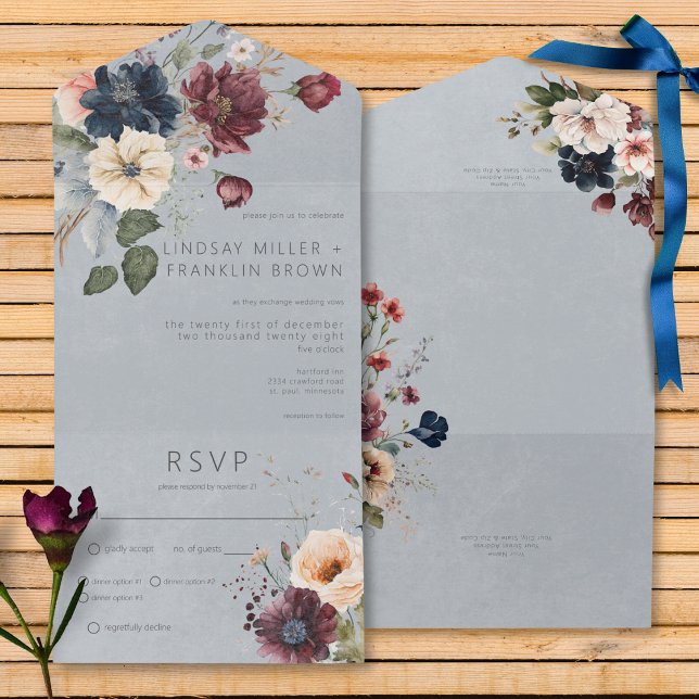 Blue Burgundy e Cream Rustic Floral Blue Janto (Blue Burgundy & Cream Rustic Floral Blue All In One Wedding Invitation with Dinner Options)