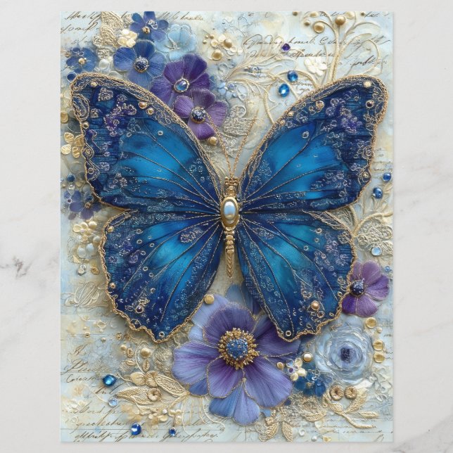 Blue Butterfly Junk Journal Scrapbook Paper (Frente)