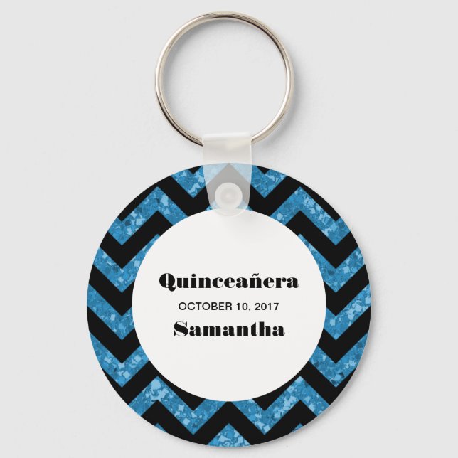 Blue Chevron Glitter Quinceañera Chaveiro (Frente)