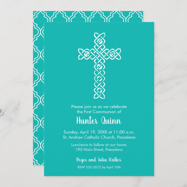 Blue Christening Baptism Convite religioso (Frente/Verso)