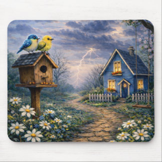 Blue Cottage Birdhouse Storm Mouse Pad