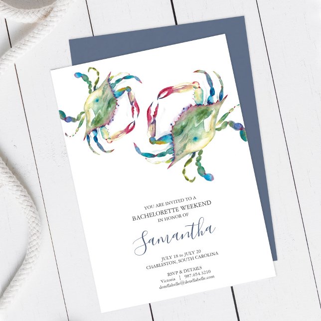 Blue Crab Watercolor Charleston SC Bachelorette (Bachelorette Party Invitation Blue Crab Watercolor Charleston SC )